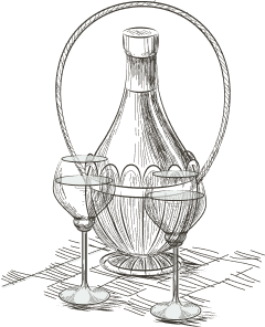 Illustration einer Weinflasche mit Gläsern